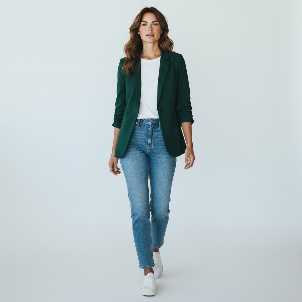 Ricki’s  Blazer Ponte Knit 3/4 Ruched Sleeves Single Breasted Forest Green XS - Picture 2 of 12